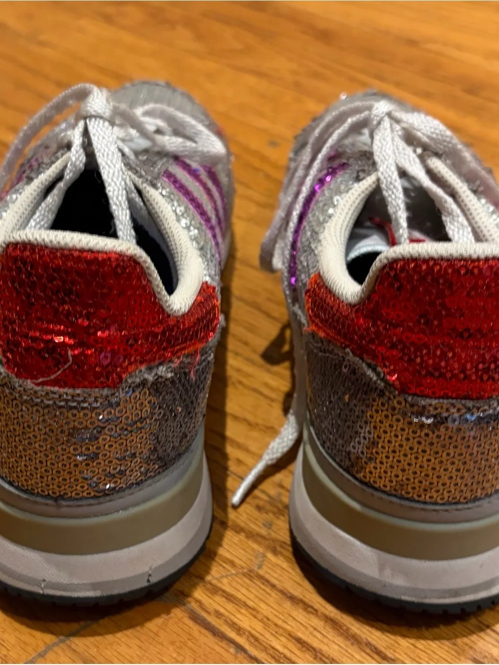 Adidas Women’s Sz 7 Silver Sequin Sneakers with Purple Stripes and Red Heel